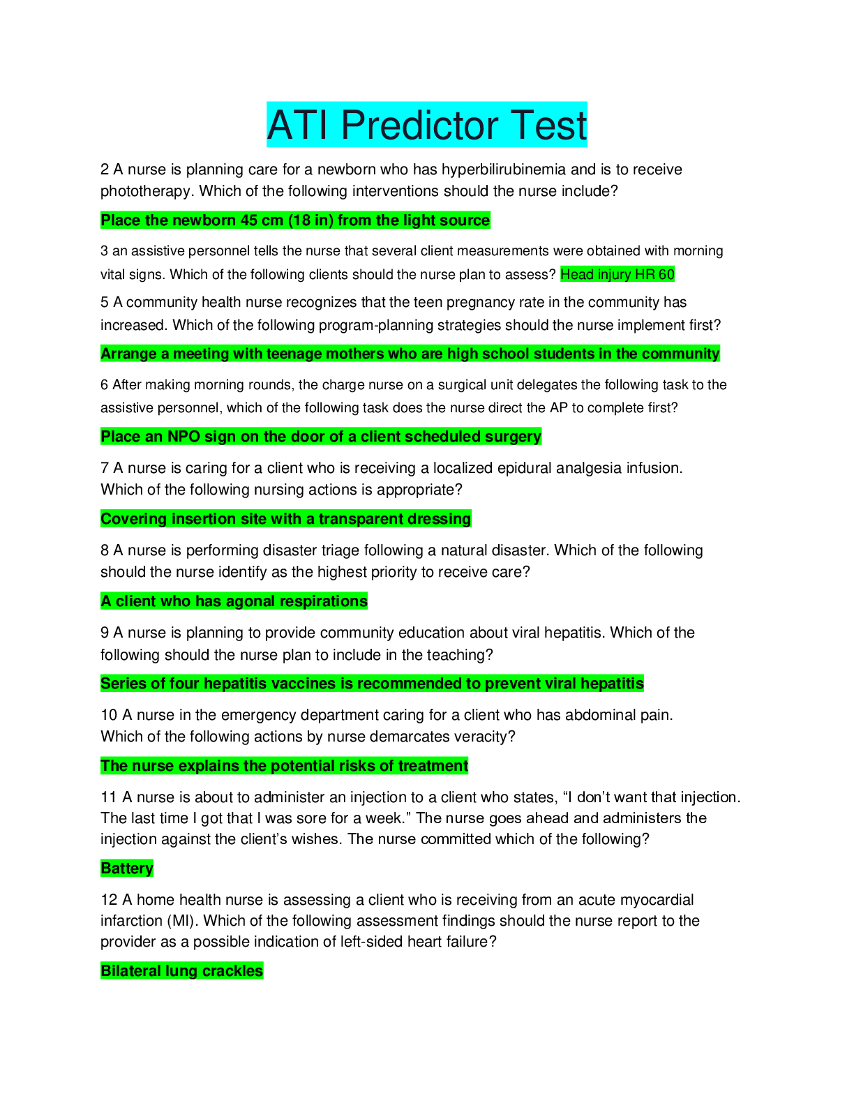 Preview image for ATI PREDICTOR Q/A (UPDATED 180 QUESTIONS AND CORRECT ANSWERS FOR YOUR PREP) 100% GUARANTEED.